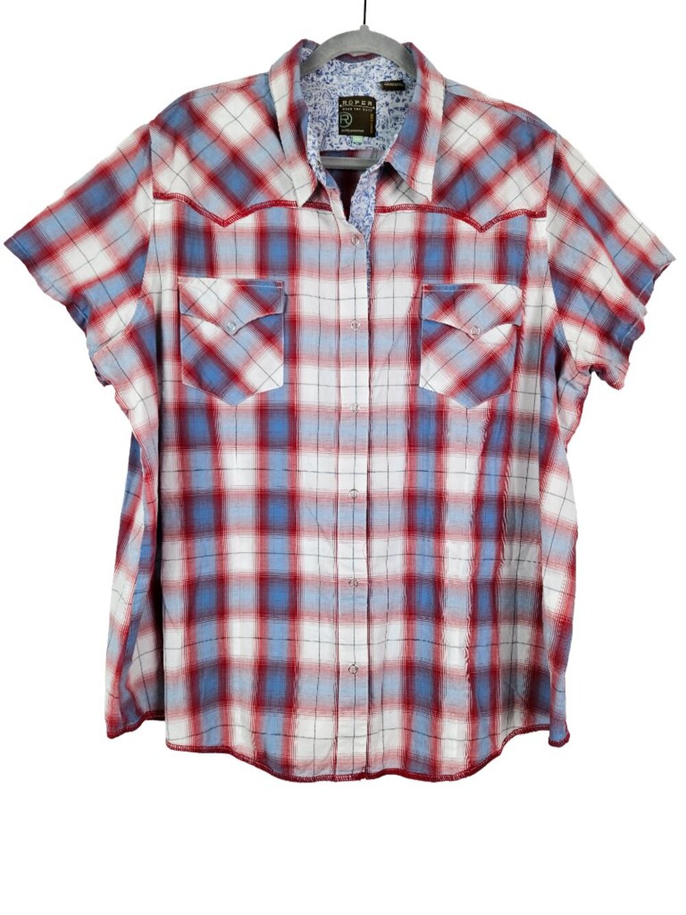 Roper Americana Red White & Blue Plaid Western Snap Short Sleeve Shirt 3X